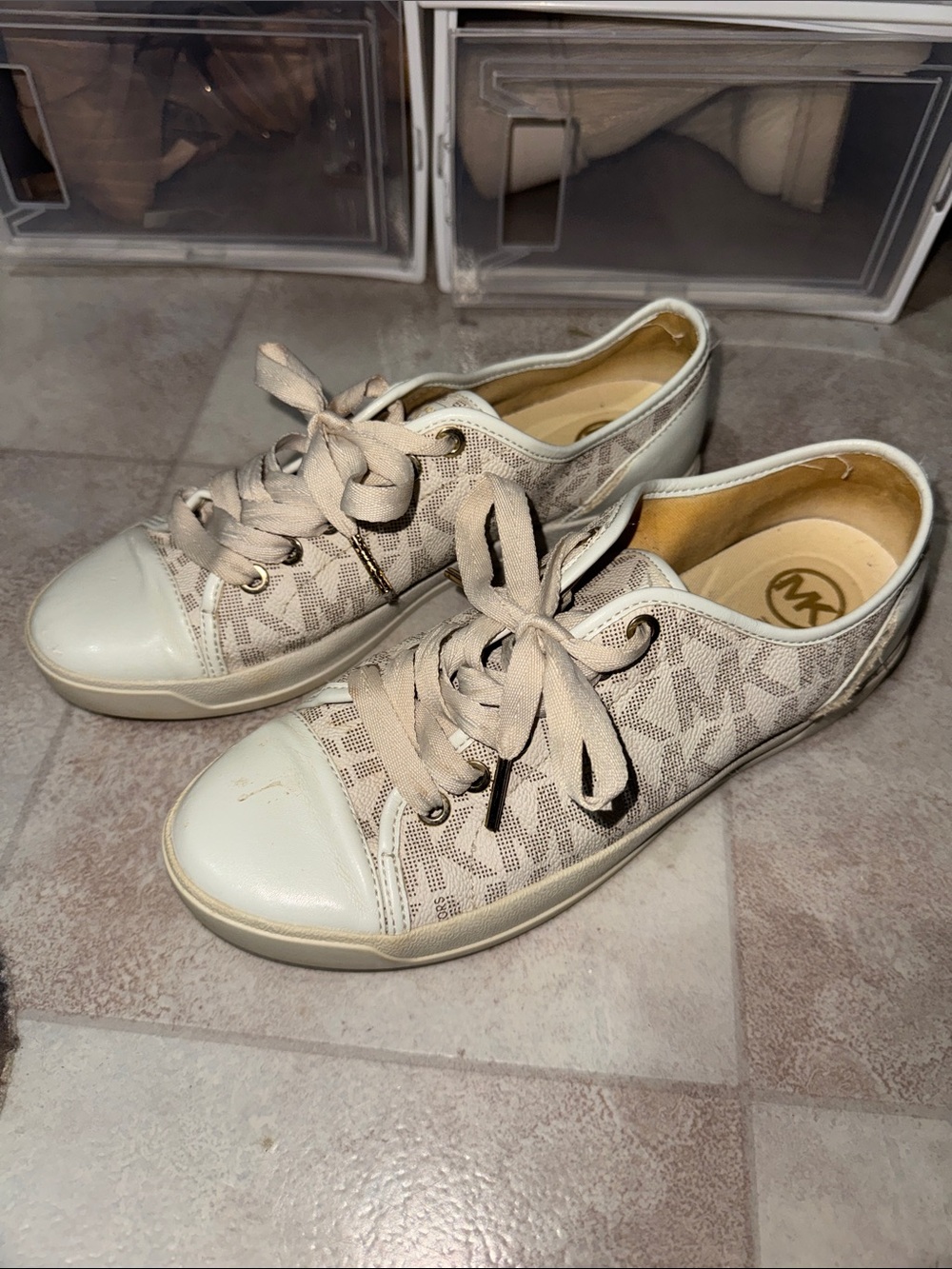 Michael Kors Women’s Light Beige MK Monogram Lace-Up Sneakers
